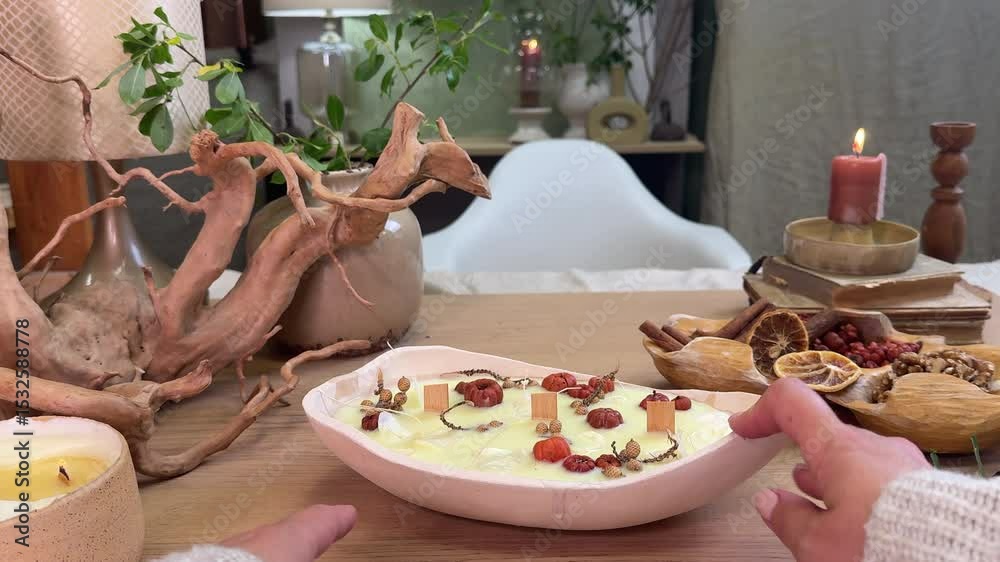 Aesthetic handmade process of creating an aromatherapy candle in a ceramic bowl, decorated with natural dried flowers and herbs. Flat lay view of hands working with soy wax, wick, and botanical elemen