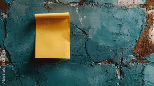 Yellow sticky note attached to textured, weathered blue wall with peeling paint photo