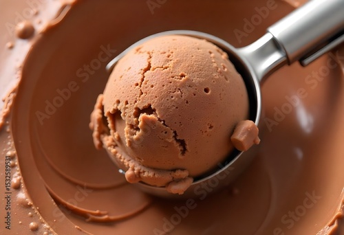 A scoop of chocolate ice cream in a stainless steel ice cream scoop, with a background of chocolate ice cream