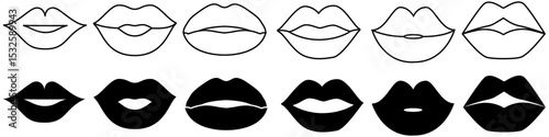 Woman's lip icon vector set. Girl mouths close up expressing different emotions. kiss illustration sign or symbol.