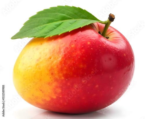 A mango with a leaf on top, the mango is red and yellow , the background is red