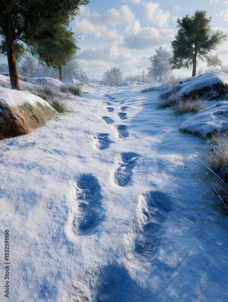 Fototapeta premium Winter landscape with snowy path and footprints outdoors