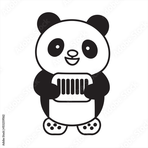 Panda bear sitting happily while holding a bamboo branch in its paws