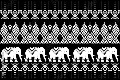 Traditional Thai textile-inspired pixel art design featuring two white elephants with ethnic geometric patterns. This high-contrast black and white digital artwork reflects Southeast Asian culture photo