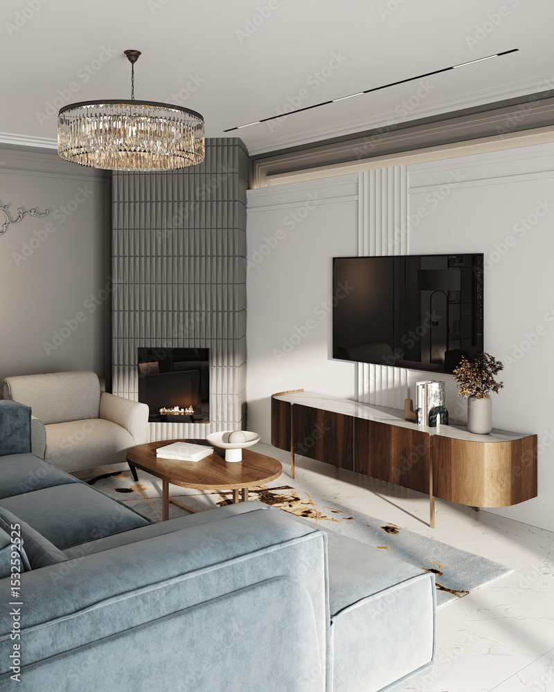 Fototapeta premium Living room with kitchen, dining room and fireplace. Luxurious apartment background with contemporary design. Modern interior design. 3D render, 3D illustration.