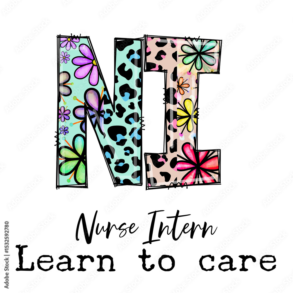 Fototapeta premium Nurse Intern Learn to Care Design with Flowers and Leopard Print