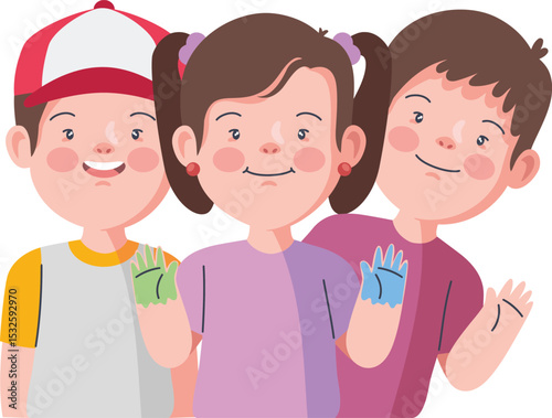 Joyful Trio: A lively illustration captures three cheerful figures – two boys and a girl, smiling warmly with a wave, emanating an atmosphere of friendship and camaraderie. 