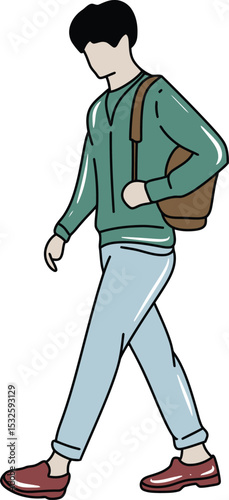 Casual Stroll: Illustration of a stylish individual walking confidently, backpack in tow, representing an everyday moment in modern life.