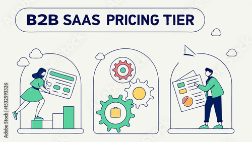 Illustration showing business to business software as a service pricing tiers with people and graphs and gears