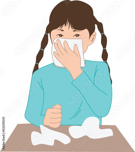 Child with Cold, Holding Tissue: A young girl with pigtails is depicted wiping her nose with a tissue, conveying a sense of illness or allergy. Clean and concise