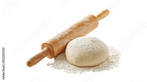 Dough ball and wooden rolling pin on transparent background