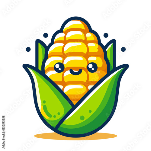 Cute cartoon corn on the cob with smiling face, vibrant yellow kernels, and green husk on transparent background for kids’ educational materials and food-themed activities