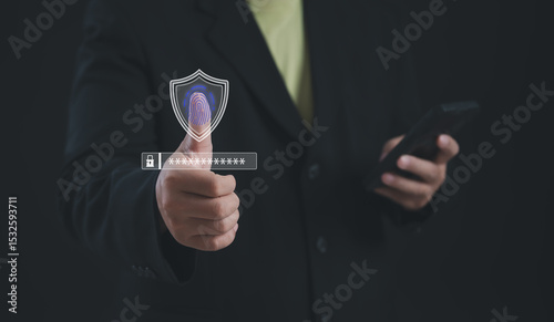 User verifying identity with fingerprint scan and virtual shield icon on smartphone screen, representing biometric authentication, secure login process, data privacy, and modern digital protection.