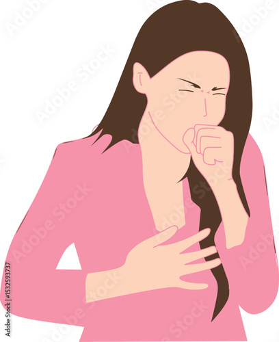 Coughing Woman: A woman coughing with her hand over mouth. It presents common illness or health concerns, showcasing respiratory distress with a pink outfit.