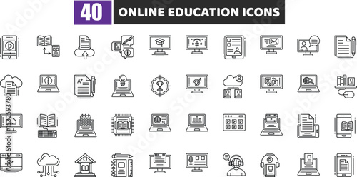 Online Education Icons Vector Set, E-learning, Course, Laptop, Student, Study, School, Teaching, Knowledge