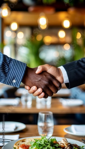 Business partnership agreement takes place in restaurant setting during lunch hours