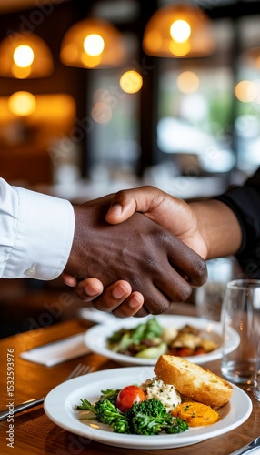 Business professionals sharing a handshake over a dining table with plates of food in a modern restaurant setting