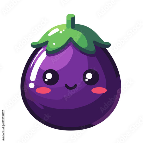 Charming cartoon eggplant with smiling face and leafy top on transparent background for kids’ books, playful branding, and food-themed illustrations