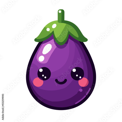 Adorable cartoon eggplant with a smiling face and leafy top on transparent background for preschool vegetable learning and kids’ food education visuals