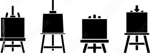 Black and White Easel and Blank Canvas Silhouette Vector Set – Minimalist Art Stand Line Icons for Creativity, Painting, Drawing, Artist Workspace and Studio Design