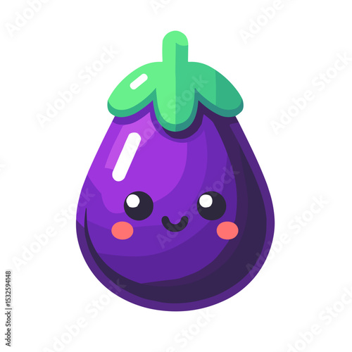Playful cartoon eggplant with happy face and green top on transparent background for organic branding and healthy lifestyle campaigns