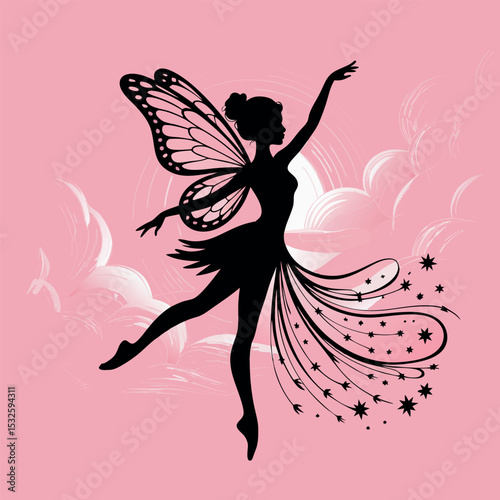 Black Silhouette Fairy Pink Background Stars Butterfly Wings