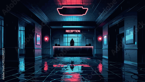 Ghost in neon-lit hotel lobby. Vector neo-noir scene of urban legend and eerie atmosphere.