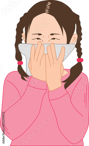 Sneezing Little Girl: A young girl, her face partially obscured, covers her mouth and nose with a tissue, expressing a moment of sickness or allergy with soft touch and illustration.
