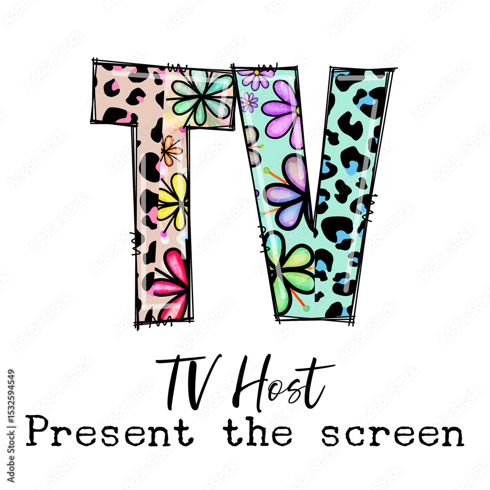 Fototapeta premium TV Host Presents on the Screen with Floral and Leopard Print Design