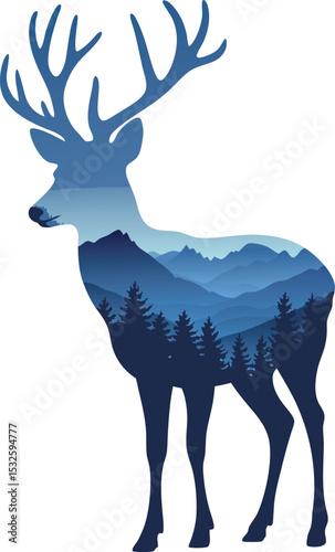 Blue Deer Silhouette Mountain Landscape Double Exposure