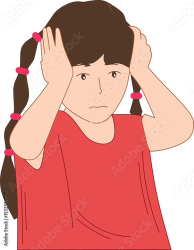 Worried Child: A young girl, her face etched with concern, clasps her hands to her head, depicting worry, stress and unease. A symbolic representation of childhood stress.