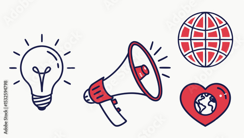 Illustration showing a light bulb, megaphone, globe, and heart with a world inside, on a white background