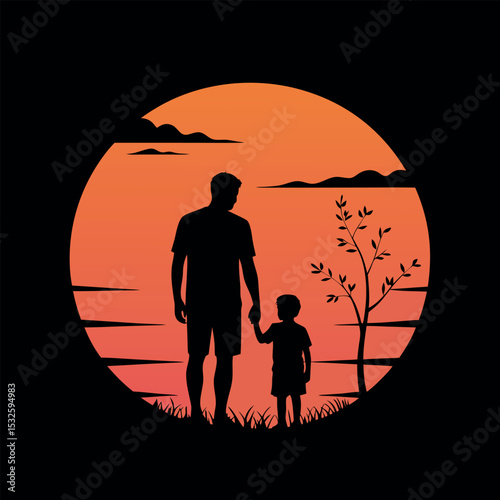 Father and Son Silhouettes Sunset Minimalist Artwork