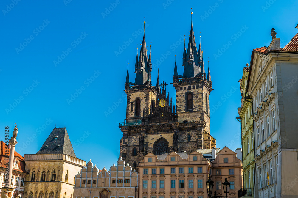 Fototapeta premium A view eastward across the old town square in central Prague in springtime