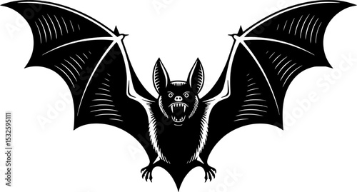 Silhouette of a menacing bat with outstretched wings and sharp fangs

