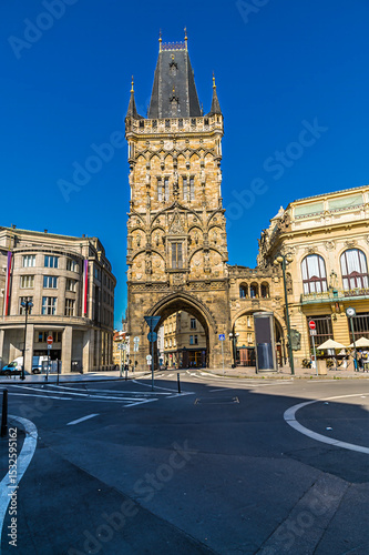 A view towards the Powder Tower  in central Prague in springtime