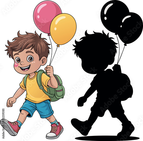 Happy Boy Walking Backpack Balloons Pink Yellow Cartoon