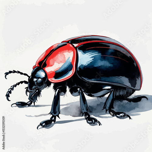 Red-black beetle vector. Toxic color insect with striking watercolor contrast.