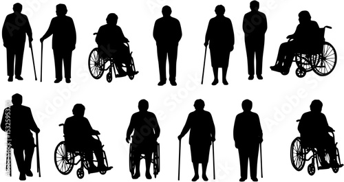 elderly people elderly men elderly women on a wheelchair set. Set of black silhouettes PNG

