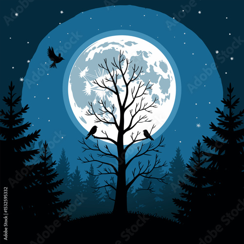 Nighttime Forest Scene Full Moon Bare Tree Birds Silhouettes Dark Blue