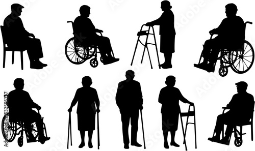 elderly people elderly men elderly women on a wheelchair set. Set of black silhouettes PNG
