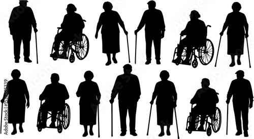 elderly people elderly men elderly women on a wheelchair set. Set of black silhouettes PNG
