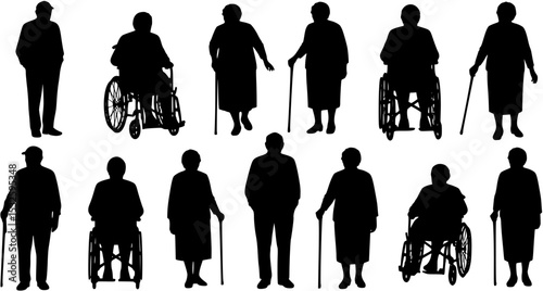 elderly people elderly men elderly women on a wheelchair set. Set of black silhouettes PNG
