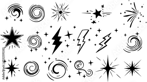 star sparkle, lightning bolt, swirls, and abstract design vector elements. Perfect stars, sparkles, lightning bolts, swirls for comic book art, retro aesthetics, and graphic design projects