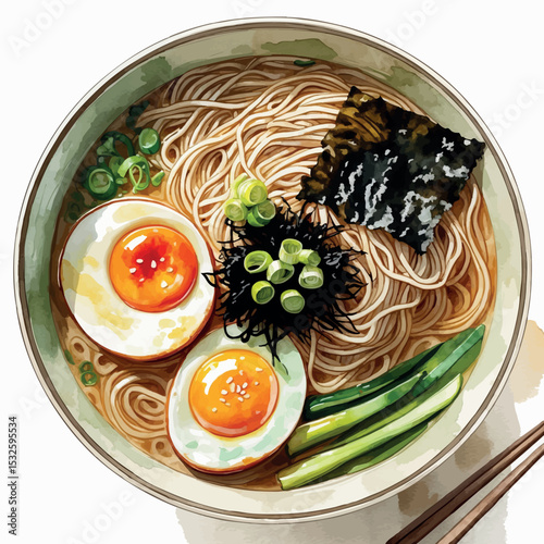 Watercolor ramen bowl vector. Japanese soup illustration with soft food textures and clean layout.