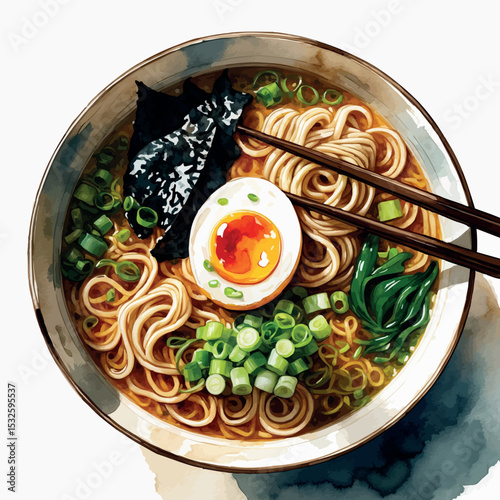 Watercolor ramen bowl vector. Japanese soup illustration with soft food textures and clean layout.