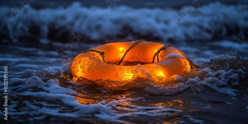 Illuminated life buoy on ocean waves at night