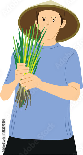 Cultivating Harvest: A depiction of a farmer in a traditional hat, delicately holding a bundle of fresh green rice plants, symbolizing labor, agriculture, and cultural practices.