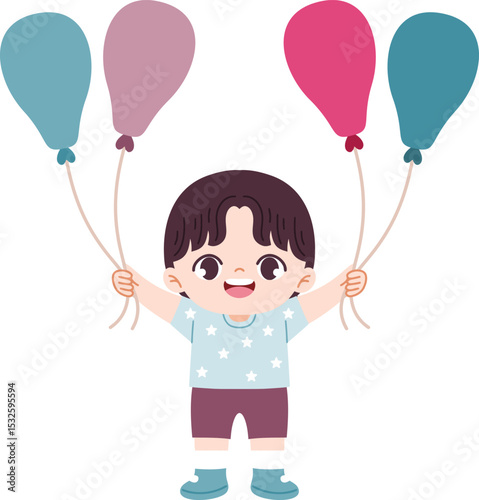 Joyful Childhood Moment: A cheerful child, arms outstretched, clutches a bouquet of vibrant balloons, exuding the innocence and pure joy of youth in a colorful scene.