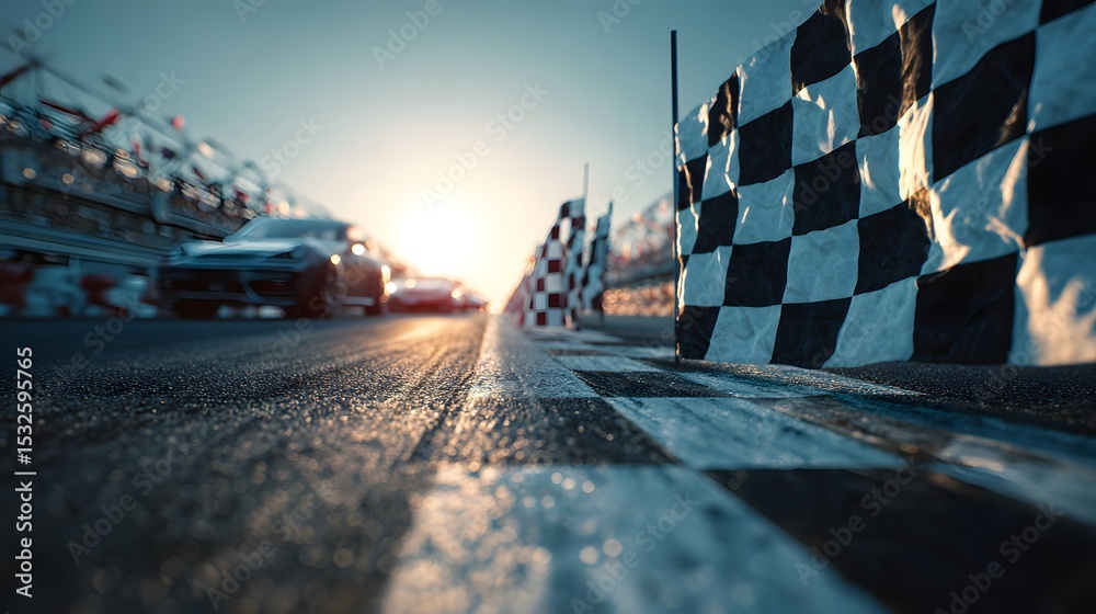 Fototapeta premium Race cars speeding towards the finish line on a sunny day, with checkered flags waving.